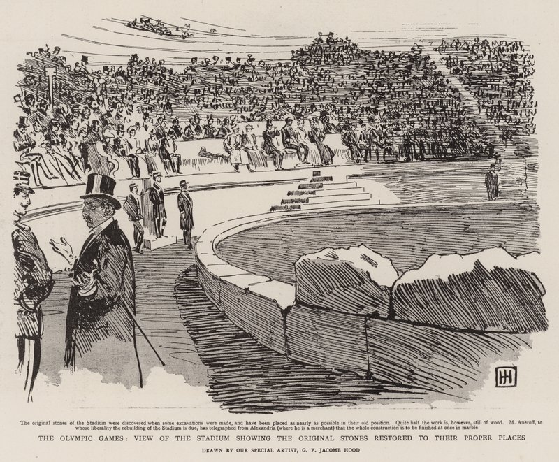 Az olimpiai játékok, a stadion látképe a helyükre visszaállított eredeti kövekkel alkotó: George Percy Jacomb Hood