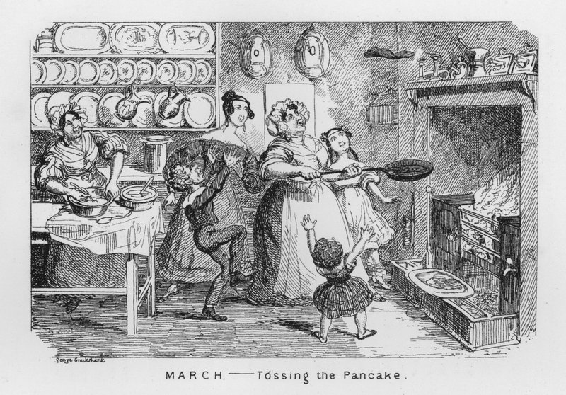 Március, Palacsinta feldobása (metszet) alkotó: George Cruikshank