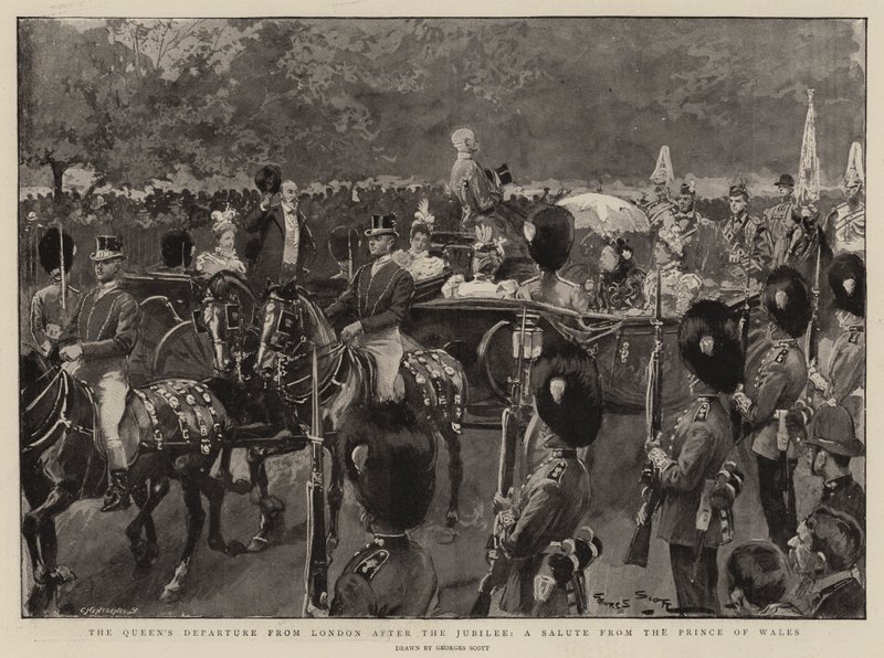 A királynő távozása Londonból a jubileum után, a walesi herceg üdvözlése alkotó: Georges Bertin Scott