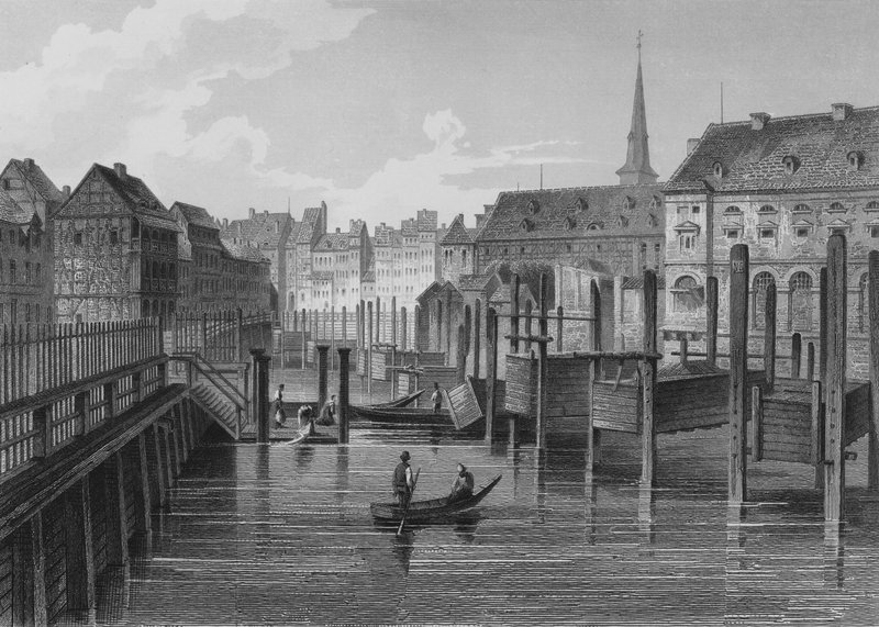 A berlini Fischerbruecke-ben (acélmetszet) alkotó: German School