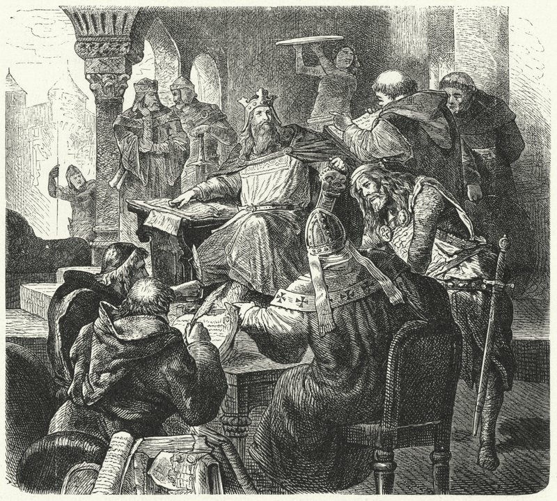 Nagy Károly tanácsadás tudósokkal és papokkal (metszet) alkotó: German School