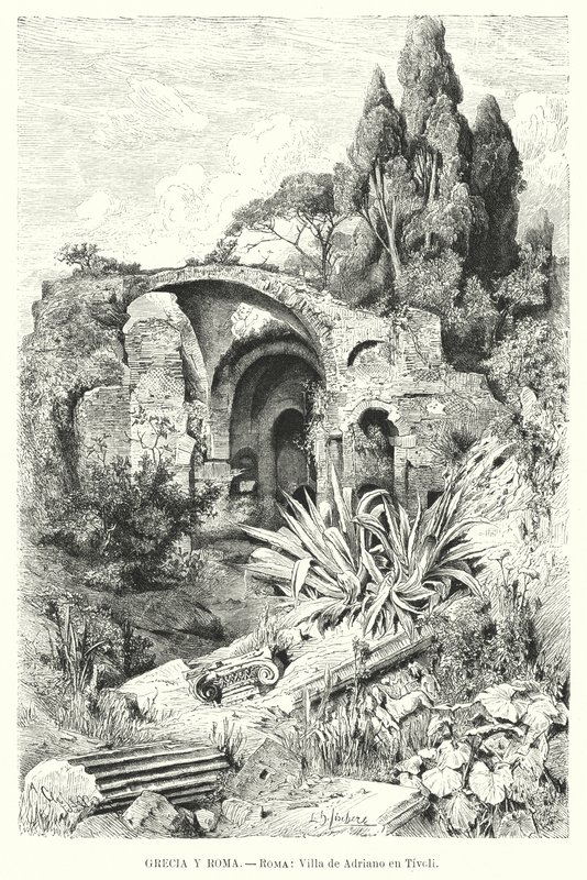 Hadrianus Villa, Tivoli, Olaszország (litho) alkotó: German School