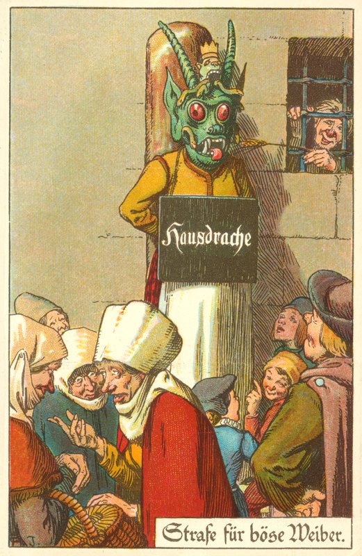 Büntetés a rossz feleségekért (színes litográfia) alkotó: German School