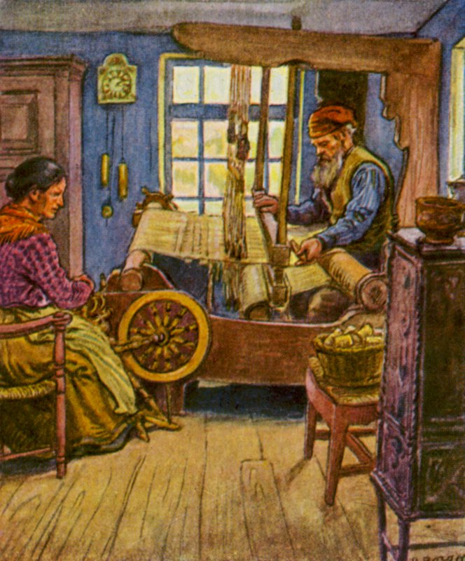 Weberstube / Szövőszoba (színes litográfia) alkotó: German School