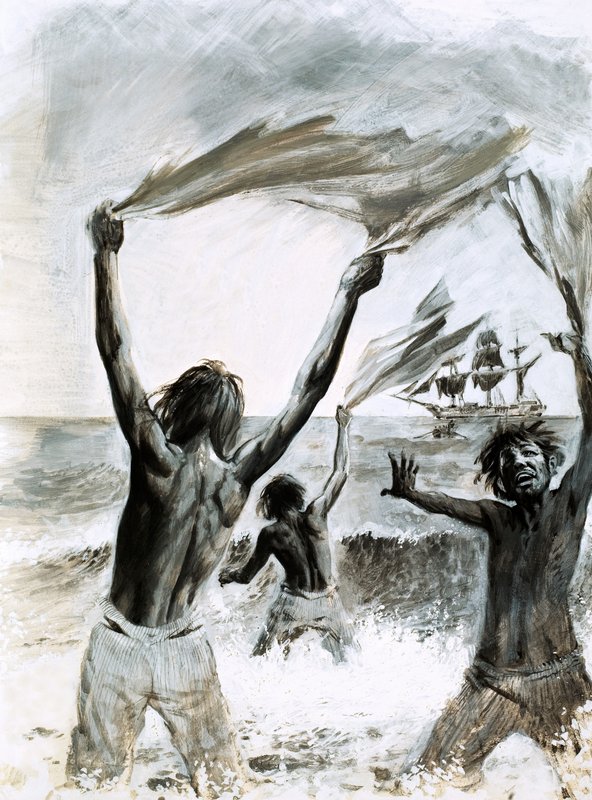 Hajótöröttek Asuncion szigetén (gouache, papír) alkotó: Graham Coton