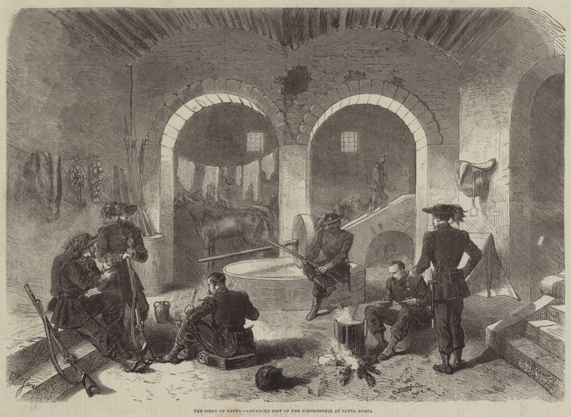 Gaeta ostroma, a piemontiak haladó posta Santa Agatában alkotó: Gustave Janet