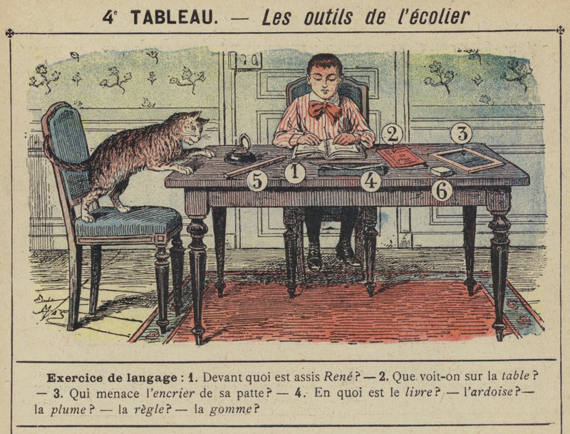 Az iskolás fiú szerszámai (színes litho) alkotó: Gustave Fraipont