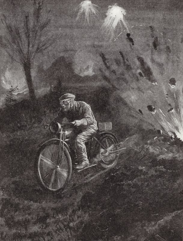 C. C. Parrott tizedes üzeneteket hord a motorkerékpárján a kagylótűz söpört utakon, I. világháború alkotó: H. Ripperger