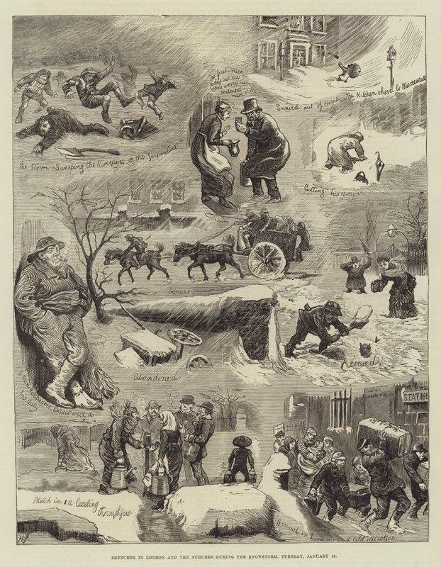 Vázlatok Londonban és a külvárosokban a hóvihar idején, január 18., kedd alkotó: Harry Furniss