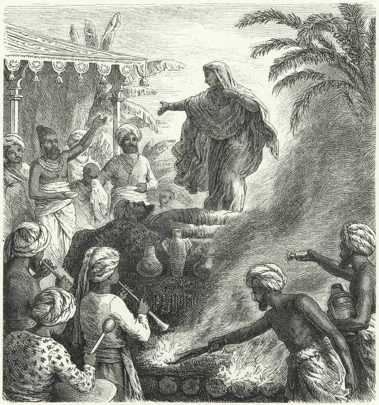 Suttee, hindu temetési szokás (metszet) alkotó: Heinrich Leutemann