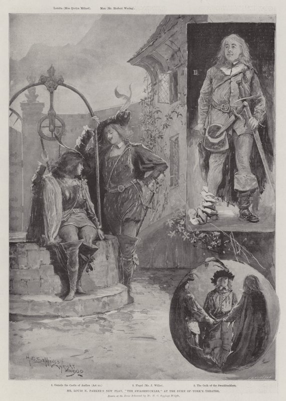 Louis N Parker új darabja, a The Swashbuckler a Duke of York színházában alkotó: Henry Charles Seppings Wright
