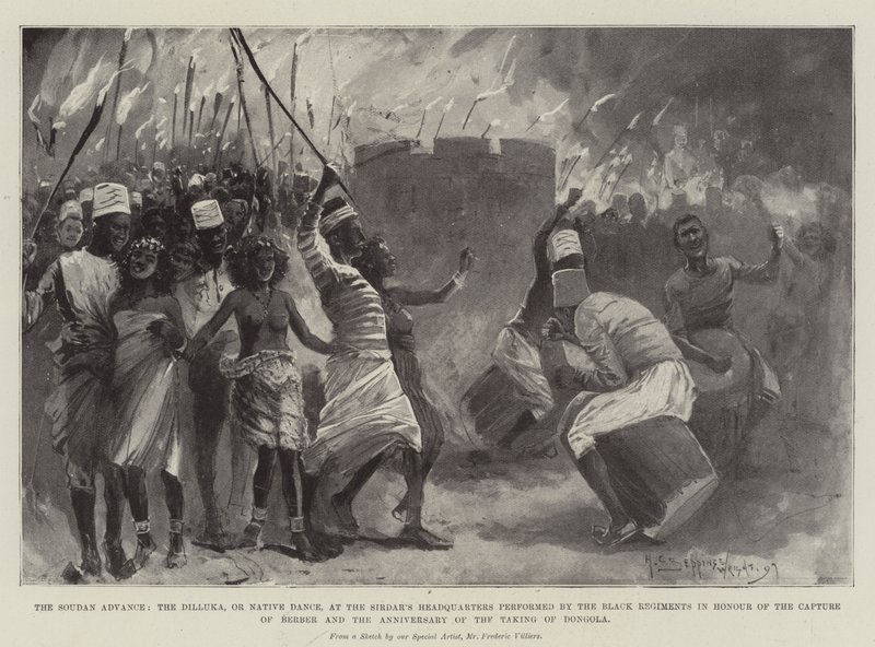 A Soudan Advance, a Dilluka vagy a bennszülött tánc a Sirdar főhadiszállásán a Fekete Ezredek előadásában a berberek elfoglalása és Dongola elfoglalásának évfordulója tiszteletére alkotó: Henry Charles Seppings Wright