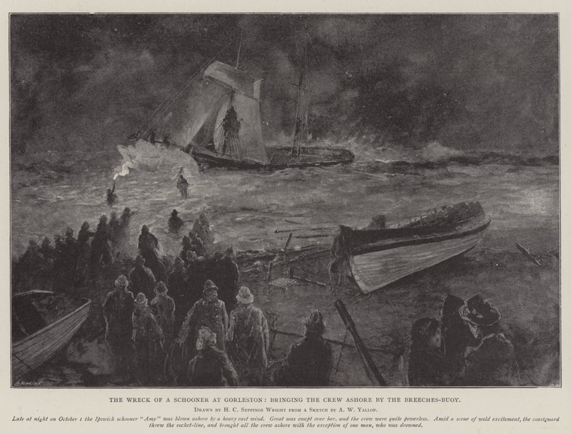Egy Schooner roncsa Gorlestonban, a legénységet a partra juttatva a nadrágbójával alkotó: Henry Charles Seppings Wright