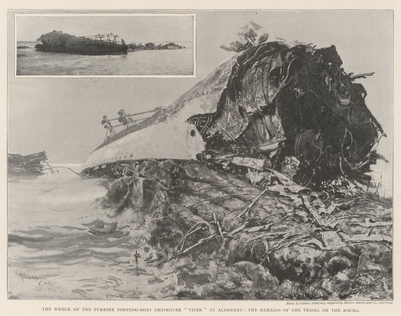 A Viper turbinás torpedócsónak romboló roncsa Alderneynél, a hajó maradványai a sziklákon alkotó: Henry Charles Seppings Wright