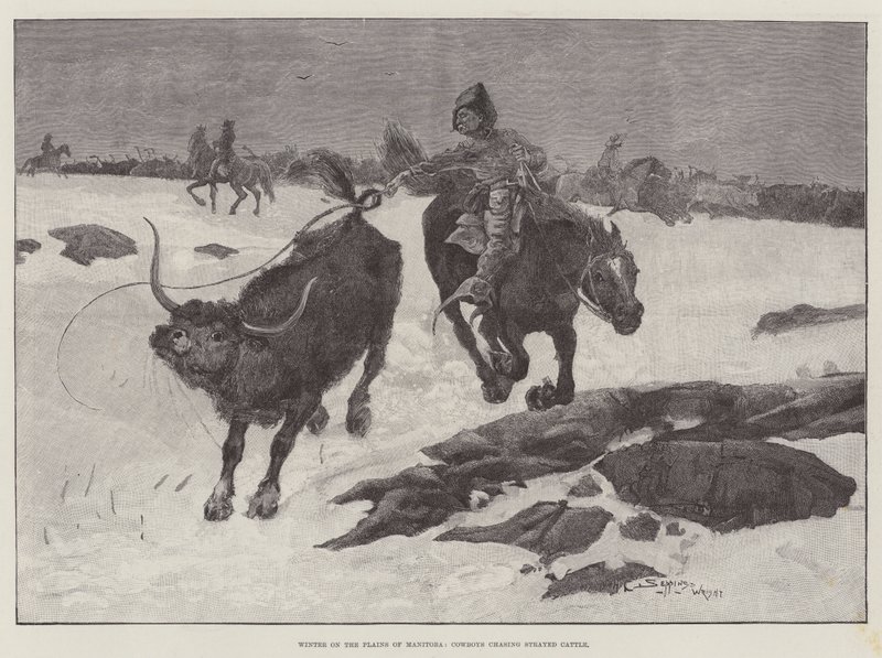 Tél Manitoba síkságán, a cowboyok elkóborolt marhákat kergetnek alkotó: Henry Charles Seppings Wright