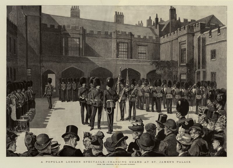 Népszerű londoni látvány, őrséget váltva a Szent Jakab-palotában alkotó: Henry Gillard Glindoni