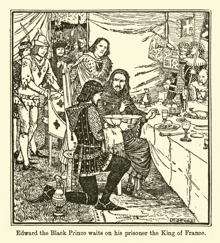 Edward, a fekete herceg várja foglyát, a francia királyt. alkotó: Henry Justice Ford