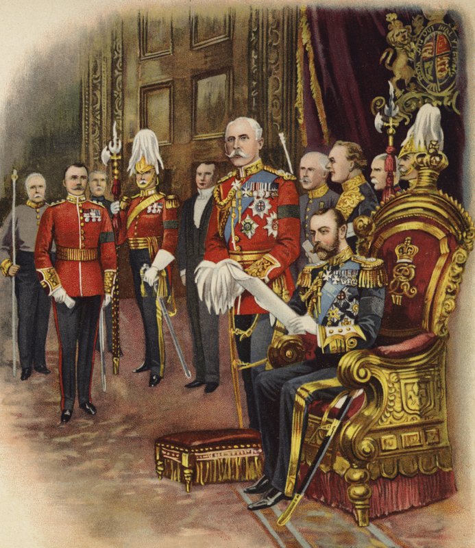 V. György király tartja első udvarát, 1910 májusában (chromolitho) alkotó: Henry Payne