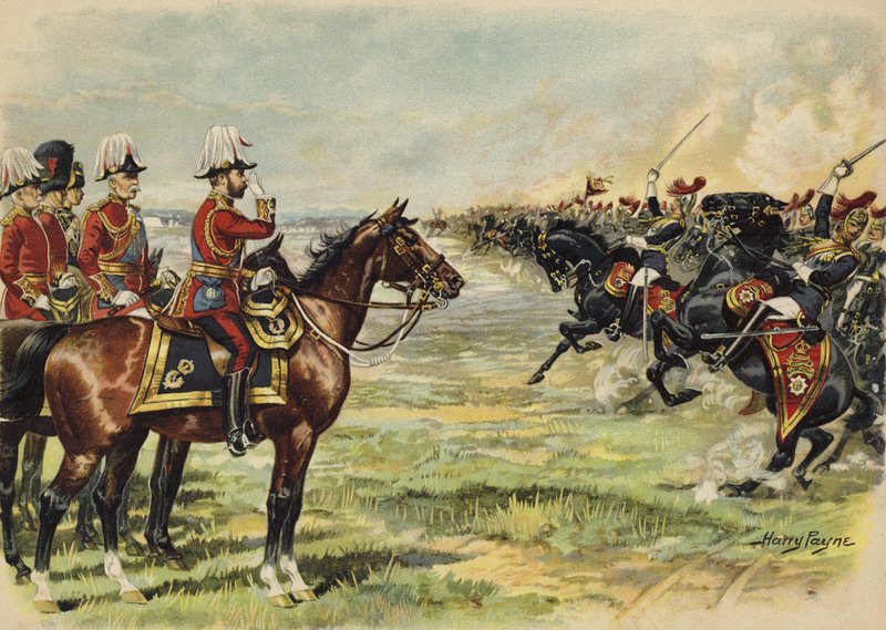 V. György király áttekinti csapatait Aldershotban (chromolitho) alkotó: Henry Payne