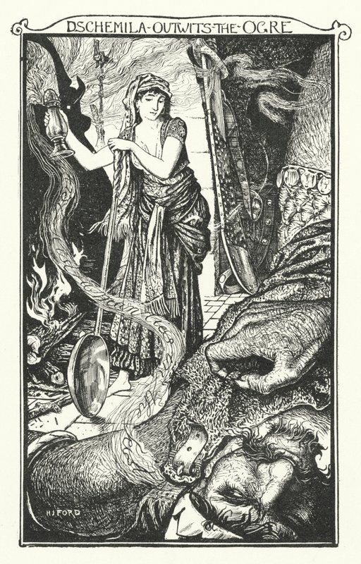 Dschemila túljár az ogré eszén (metszet) alkotó: Henry Justice Ford