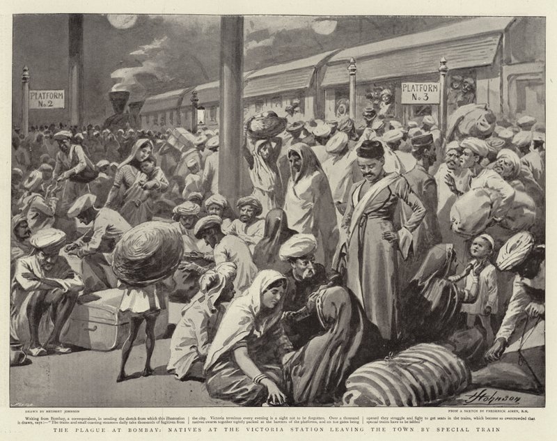 A pestis Bombayben, a bennszülöttek a Victoria állomáson különvonattal hagyják el a várost alkotó: Herbert Johnson