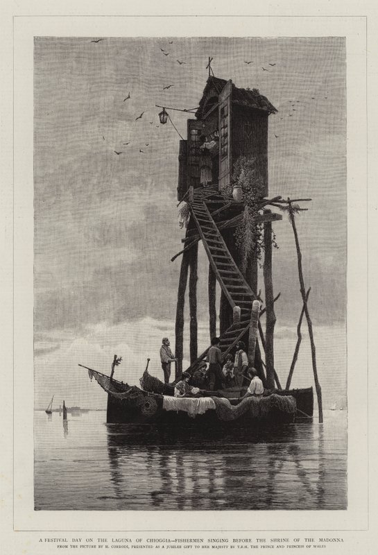 Fesztiválnap a Chioggia-lagúnán, halászok énekelnek a Madonna-szentély előtt alkotó: Hermann David Salomon Corrodi