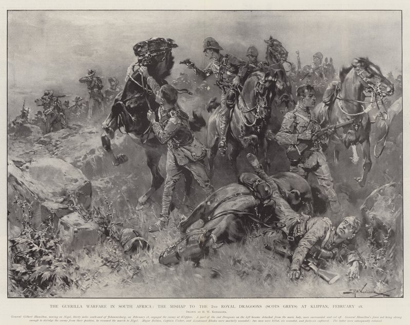 A gerillaháború Dél-Afrikában, baleset a 2. királyi dragonyosokkal (Scots Greys) Klippanban, február 18. alkotó: Hermanus Willem Koekkoek
