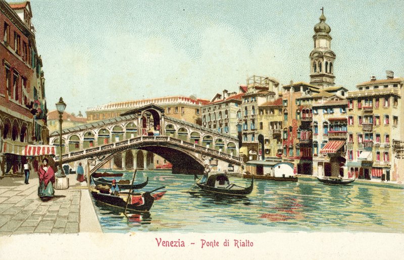 Rialto, Velence (színes litográfia) alkotó: Italian School