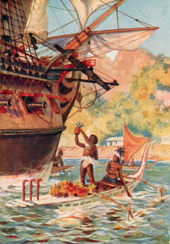 A Marquesas-szigetek lakói gyümölcscserét folytatnak Cooks kapitány expedícióval alkotó: J. Williamson