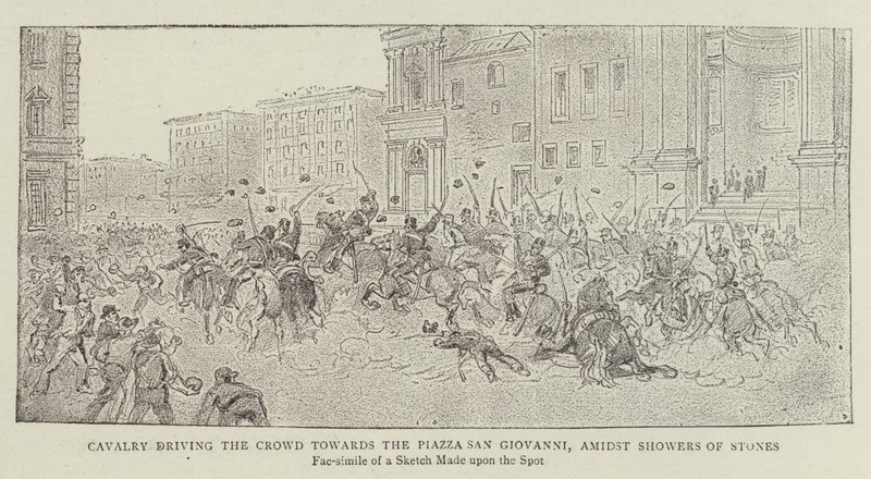 A lovasság a Piazza San Giovanni felé tereli a tömeget, kőzáporok közepette. alkotó: James A. Shearman