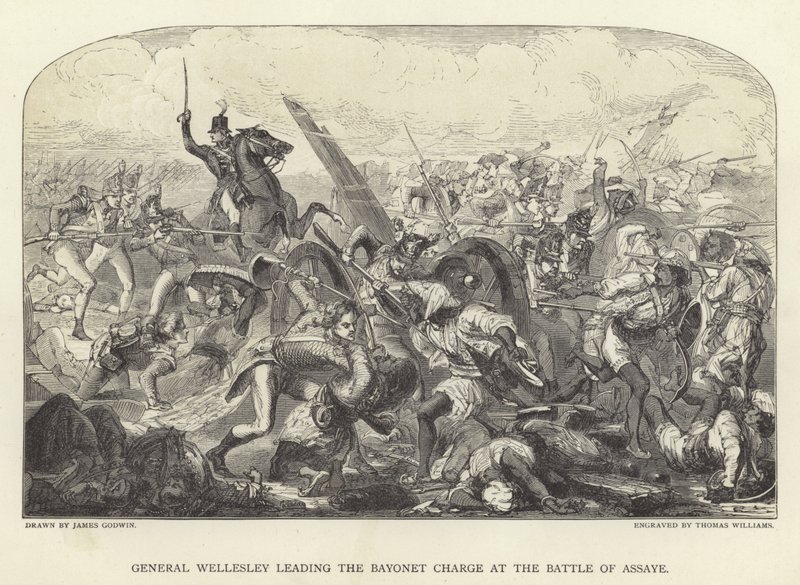 Wellesley tábornok vezette a szuronyrohamot az Assaye-i csatában alkotó: James Godwin