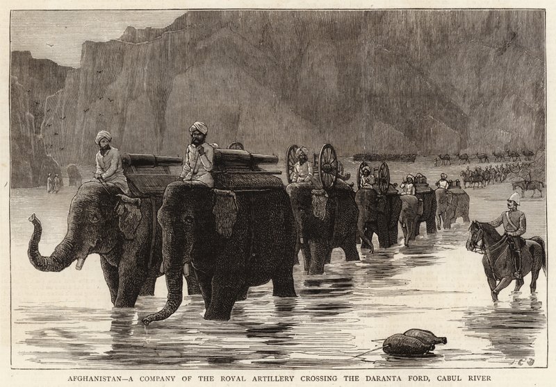 Afganisztán, a királyi tüzérség társasága, átkel a Daranta Fordon, Cabul folyón alkotó: John Charles Dollman