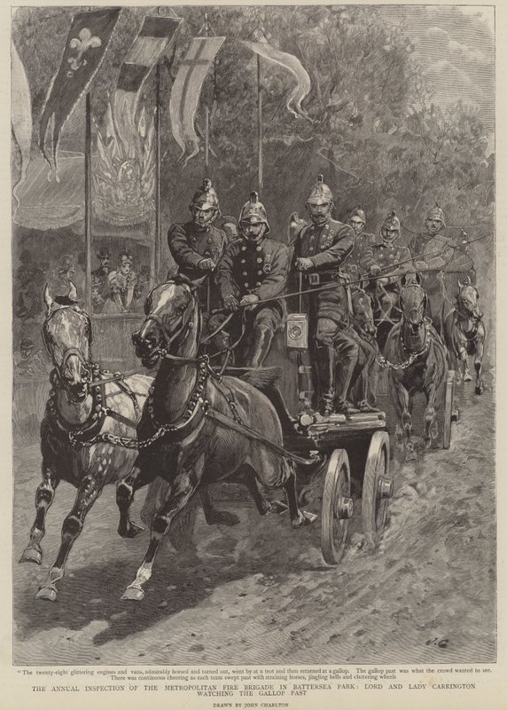 A Metropolitan Fire Brigade éves ellenőrzése a Battersea Parkban, Lord és Lady Carrington nézi a vágtát. alkotó: John Charlton