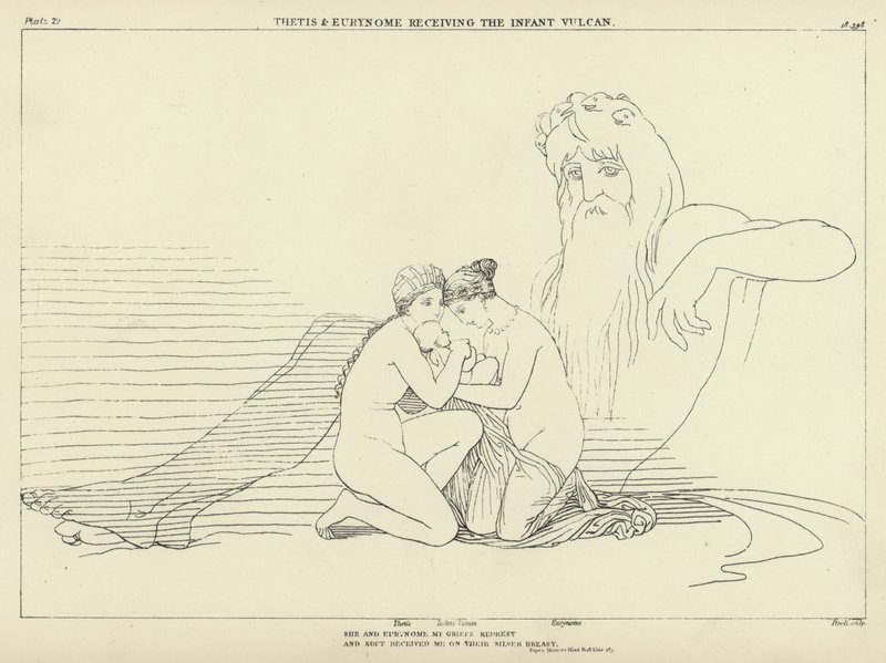 Thetis és Eurynome fogadják a Vulcanus csecsemőt alkotó: John Flaxman
