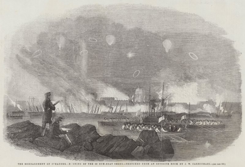 Sveaborg bombázása, a 60 lövészház felgyújtása, egy szemközti szikláról vázolva. alkotó: John Wilson Carmichael