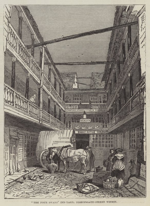 A Four Swans Inn-Yard, a Bishopsgate-Street belül alkotó: John Wykeham Archer
