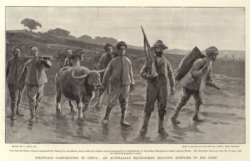 Kínában kampányoló gyarmatosítók, egy ausztrál kék zászlós, aki ellátmányt visz a táborába. alkotó: Joseph Nash