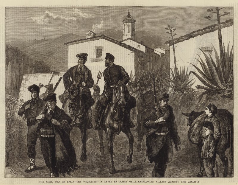 A spanyolországi polgárháború, a Somaten, egy katalán falu tömeges töltése a karlisták ellen alkotó: Joseph Nash