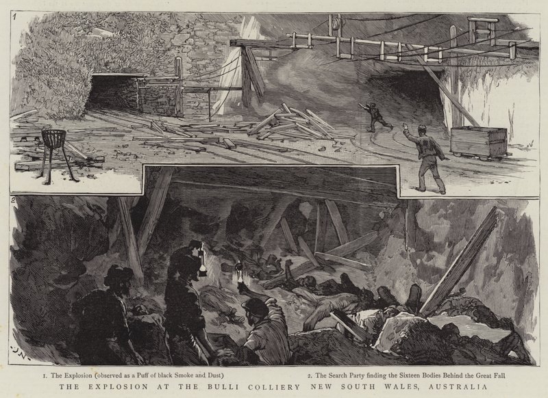 Robbanás az új-dél-walesi Bulli Colliery-ben, Ausztráliában alkotó: Joseph Nash