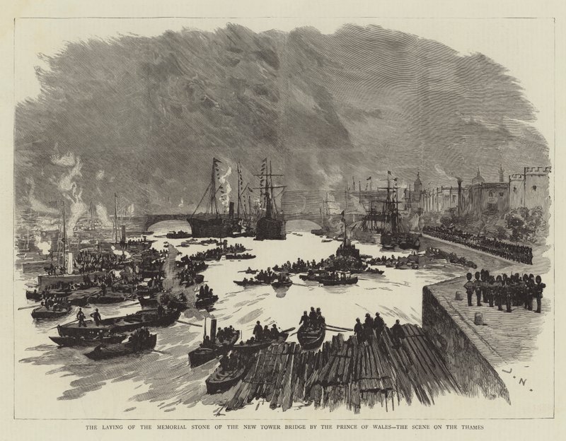A walesi herceg által az Új Tower Bridge emlékkövének lerakása, a Temzei jelenet alkotó: Joseph Nash
