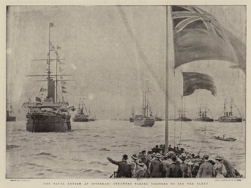 A Spithead-i haditengerészeti szemle, a gőzhajók látogatókat visznek a flottához alkotó: Joseph Nash