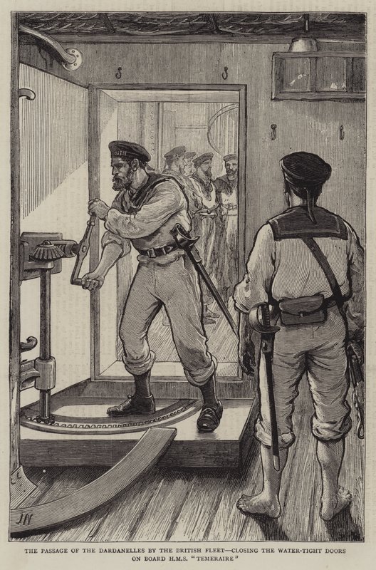 A brit flotta áthaladása a Dardanellákon, bezárva a vízzáró ajtókat a HMS Temeraire fedélzetén alkotó: Joseph Nash