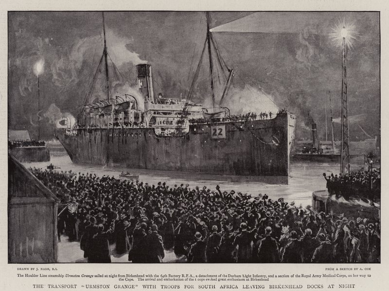 A Transport Urmston Grange csapatokkal Dél-Afrikába, éjszaka elhagyja Birkenhead dokkját alkotó: Joseph Nash
