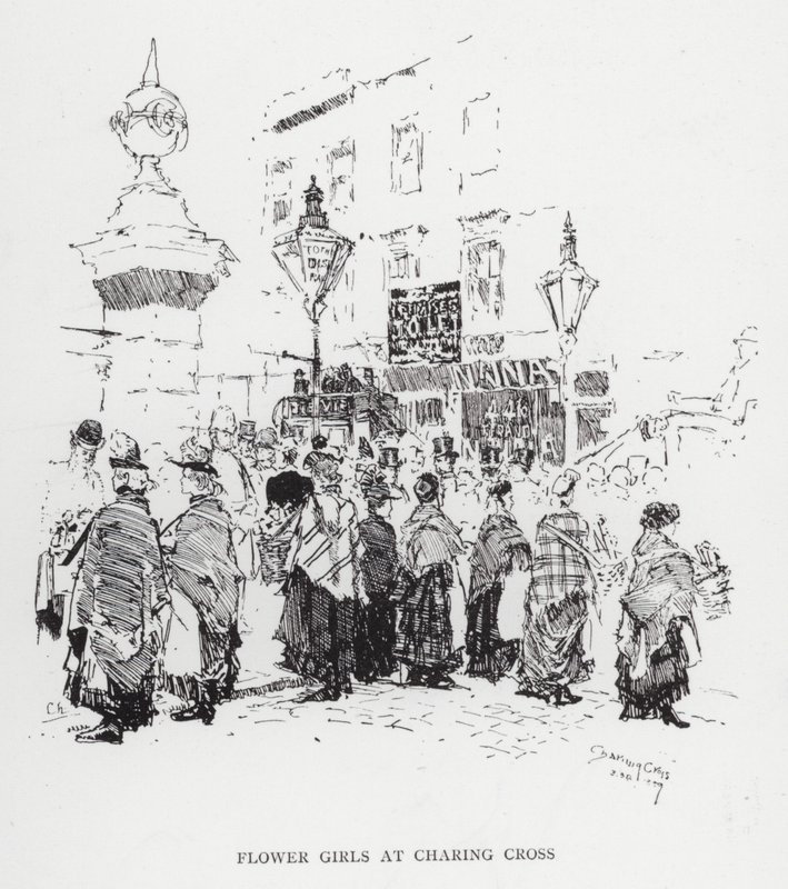 Viráglányok a Charing Crosson (litho) alkotó: Joseph (after) Pennell