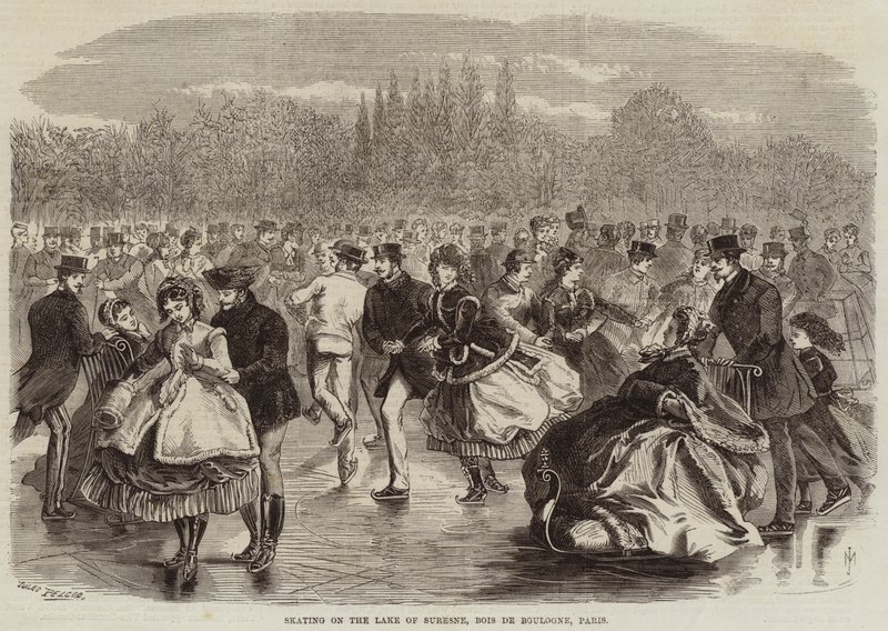 Korcsolyázás a Suresne tavon, Bois de Boulogne, Párizs alkotó: Jules Pelcoq