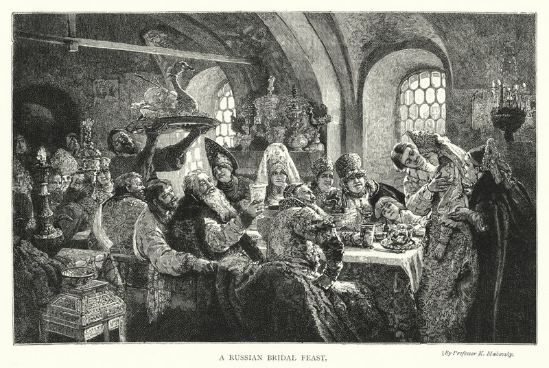 Orosz menyasszonyi lakoma (metszet) alkotó: Konstantin Egorovich Makovsky
