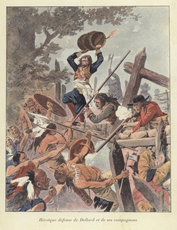 Adam Dollard és társai harcolnak az irokézek ellen a Long Sault-i csatában, Kanada, 1660. alkotó: Louis Charles Bombled