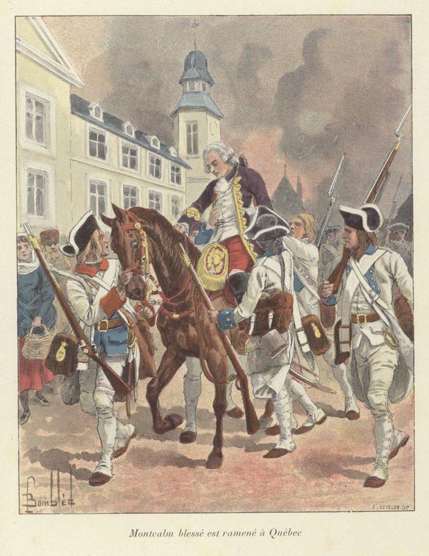 A megsebesült Montcalm tábornokot visszahozzák Quebecbe, 1759-be alkotó: Louis Charles Bombled