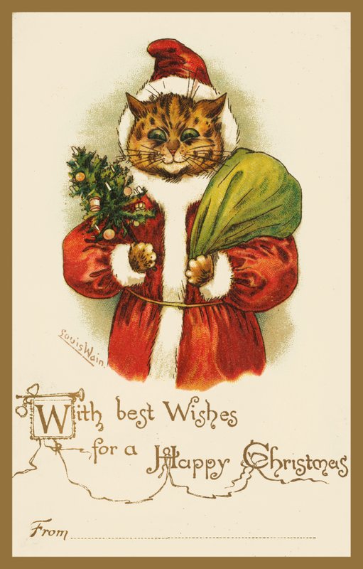 Mikulás jelmezt viselő macska (chromolitho) alkotó: Louis Wain