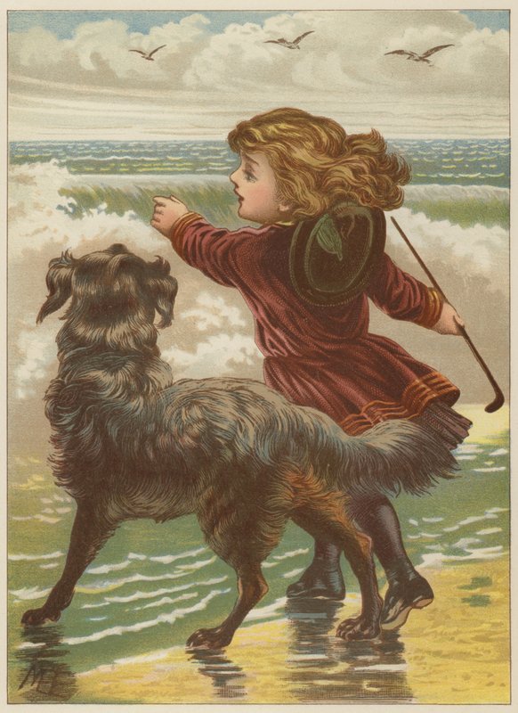 Lány kutyával a tengerparton (chromolitho) alkotó: Mary Ellen Edwards